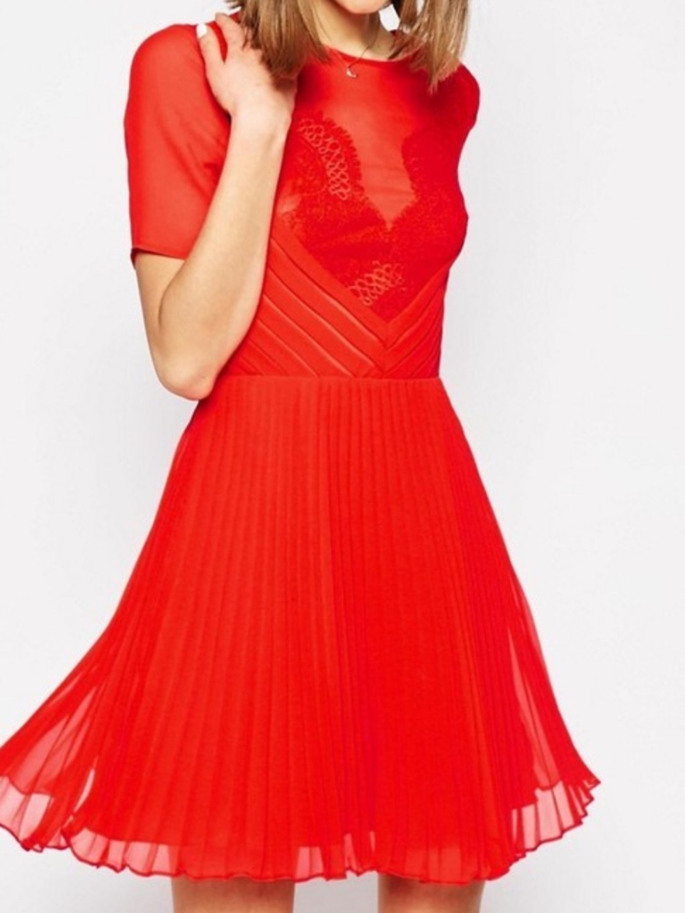 Asos lace Red Pleated Fit-and-Flare Dress